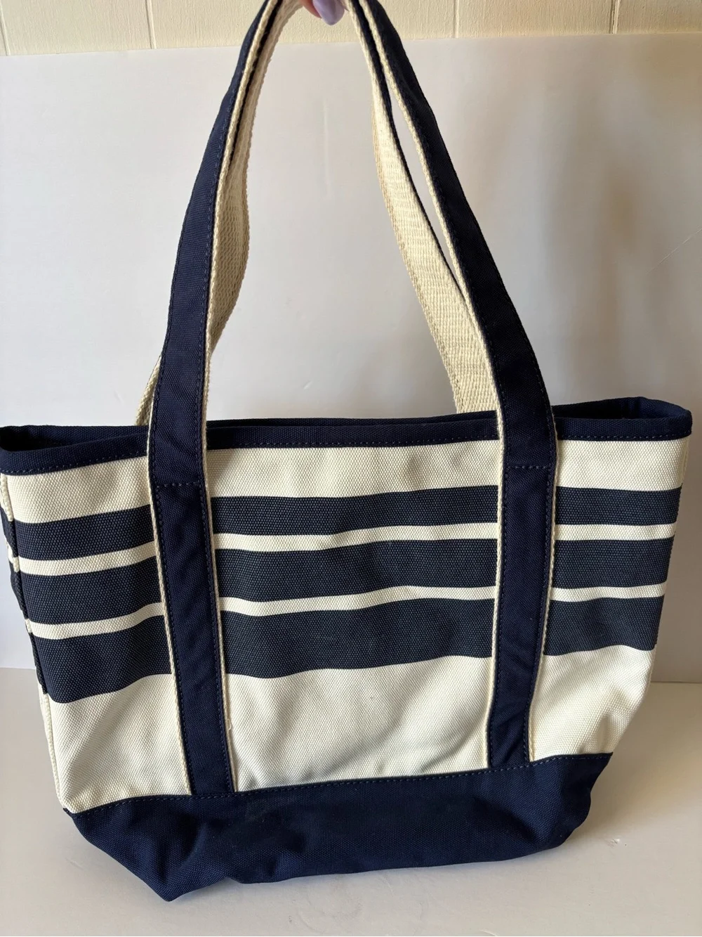 Lands End Boat Canvas Tote Navy Blue Stripes